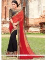 Spellbinding Black And Red Faux Chiffon Half N Half Saree