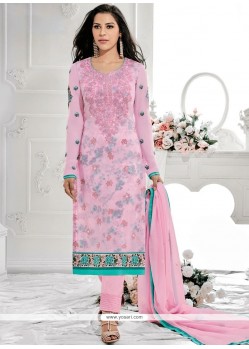 Exciting Embroidered Work Pink Designer Straight Suit