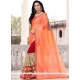 Superb Faux Georgette Orange And Red Embroidered Work Half N Half Trendy Saree