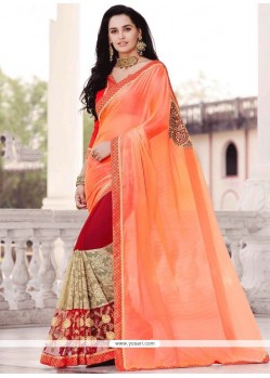 Superb Faux Georgette Orange And Red Embroidered Work Half N Half Trendy Saree