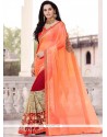 Superb Faux Georgette Orange And Red Embroidered Work Half N Half Trendy Saree