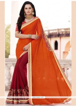 Paramount Maroon And Orange Embroidered Work Faux Georgette Half N Half Saree