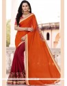 Paramount Maroon And Orange Embroidered Work Faux Georgette Half N Half Saree