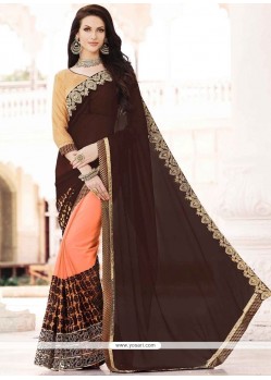 Regal Embroidered Work Brown And Peach Designer Half N Half Saree