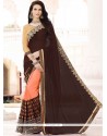 Regal Embroidered Work Brown And Peach Designer Half N Half Saree