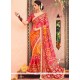 Remarkable Print Work Orange And Red Brasso Printed Saree