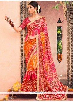 Remarkable Print Work Orange And Red Brasso Printed Saree