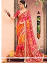 Remarkable Print Work Orange And Red Brasso Printed Saree