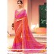 Beauteous Hot Pink And Orange Print Work Brasso Printed Saree