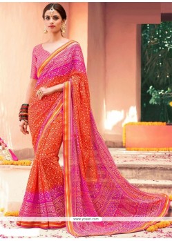 Beauteous Hot Pink And Orange Print Work Brasso Printed Saree