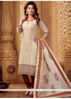 Enthralling Embroidered Work Chanderi Beige Churidar Designer Suit