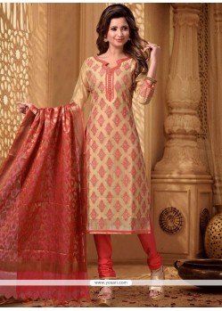 Fascinating Chanderi Beige Embroidered Work Churidar Designer Suit