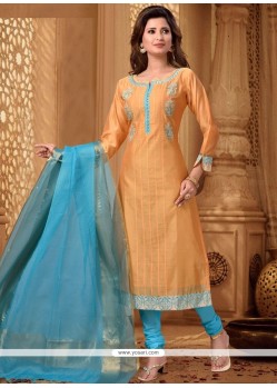 Flawless Chanderi Orange Embroidered Work Churidar Designer Suit