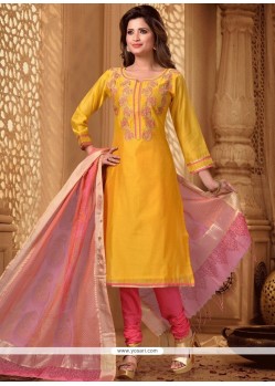 Refreshing Yellow Embroidered Work Chanderi Churidar Designer Suit