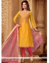 Refreshing Yellow Embroidered Work Chanderi Churidar Designer Suit