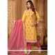 Delightsome Yellow Lace Work Chanderi Churidar Designer Suit