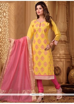 Delightsome Yellow Lace Work Chanderi Churidar Designer Suit