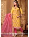 Delightsome Yellow Lace Work Chanderi Churidar Designer Suit