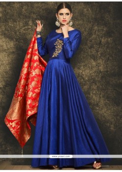 Scintillating Lace Work Blue Art Silk Readymade Anarkali Suit