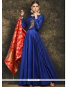 Scintillating Lace Work Blue Art Silk Readymade Anarkali Suit