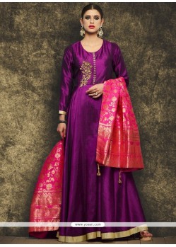 Fine Embroidered Work Purple Art Silk Readymade Anarkali Suit