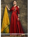 Angelic Red Lace Work Art Silk Readymade Anarkali Suit