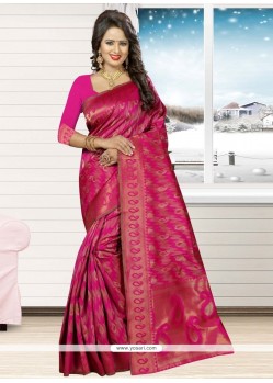 Voguish Jacquard Silk Hot Pink Thread Work Traditional Designer Saree