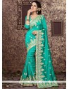 Lace Work Sea Green Art Silk Designer Traditional Saree