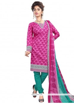 Print Work Cotton Green And Pink Churidar Suit