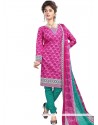 Print Work Cotton Green And Pink Churidar Suit