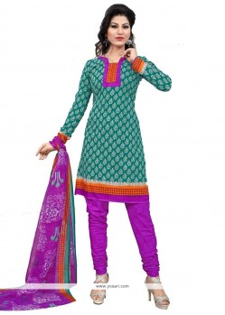 Print Work Green And Purple Cotton Churidar Suit