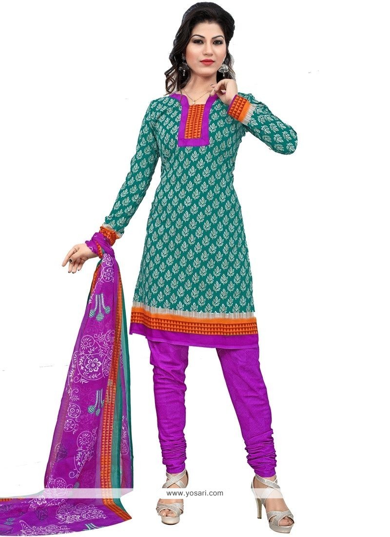 Buy Print Work Green And Purple Cotton Churidar Suit | Churidar Salwar ...