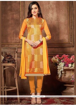 Cotton Mustard Embroidered Work Churidar Designer Suit