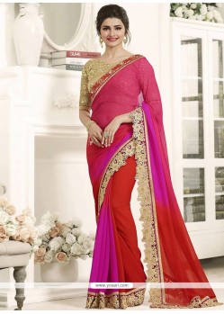 Prachi Desai Art Silk Patch Border Work Hot Pink And Red Shaded Saree