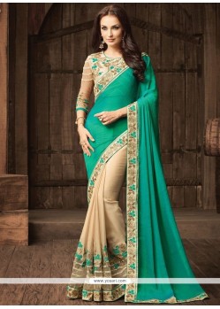 Beige And Sea Green Embroidered Work Faux Georgette Half N Half Designer Saree