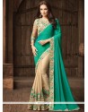 Beige And Sea Green Embroidered Work Faux Georgette Half N Half Designer Saree