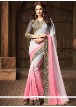 Embroidered Work Grey And Pink Satin Silk Shaded Saree