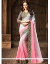 Embroidered Work Grey And Pink Satin Silk Shaded Saree