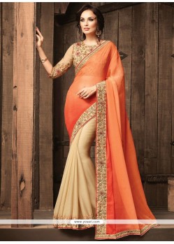 Beige And Orange Faux Chiffon Designer Half N Half Saree