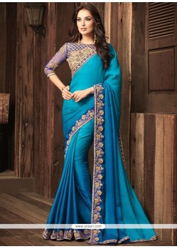 Blue Embroidered Work Satin Silk Classic Designer Saree