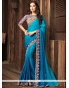 Blue Embroidered Work Satin Silk Classic Designer Saree