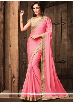 Faux Georgette Pink Patch Border Work Classic Designer Saree