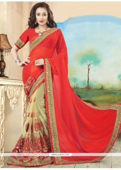 Embroidered Work Beige And Red Faux Georgette Half N Half Designer Saree