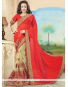 Embroidered Work Beige And Red Faux Georgette Half N Half Designer Saree