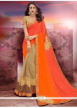 Beige And Orange Designer Half N Half Saree