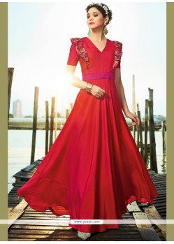 Satin Silk Red Embroidered Work Readymade Gown