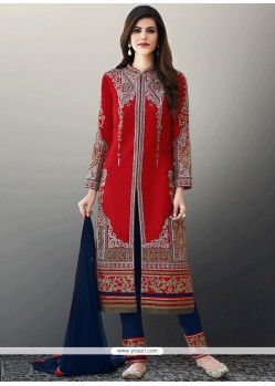 Resham Work Art Silk Red Pant Style Suit