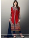 Resham Work Art Silk Red Pant Style Suit