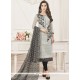 Chanderi Grey Print Work Churidar Suit