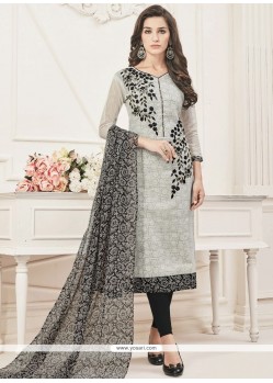 Chanderi Grey Print Work Churidar Suit